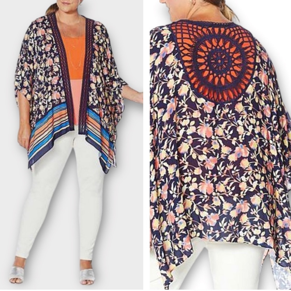 Colleen Lopez Floral Crochet Trim Kimono Plus Size 2X/3X
